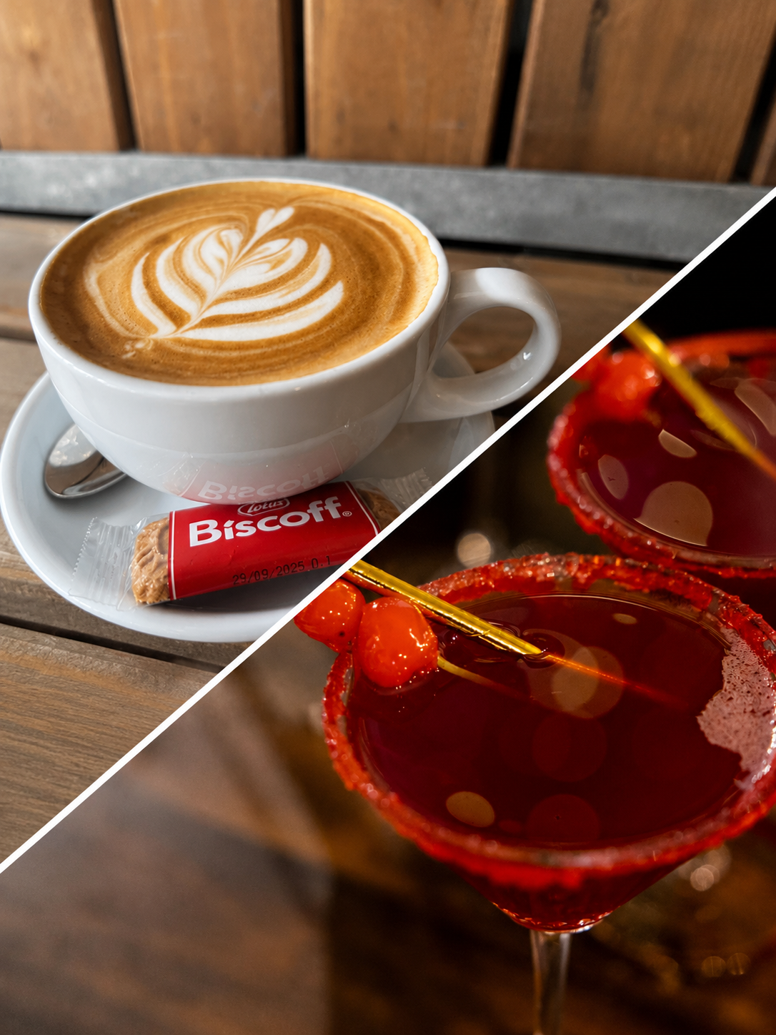 A split-screen photo showing a latte in a white cup with a saucer and an intricate flower latte art on top and with a Lotus Biscoff biscuit, diagonally split from a close-up of two Cherry Margarita cocktails with Cherry garnishes and gold straws on a wooden table.